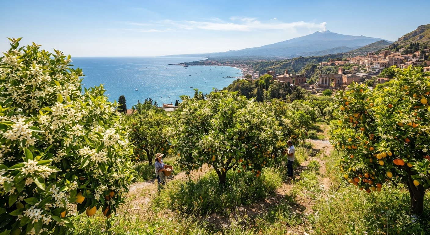 Agrumeto in fiore con il mare sullo sfondo