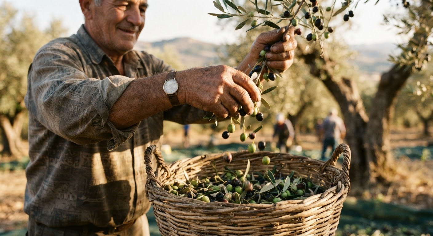 Mani di contadino che raccolgono olive