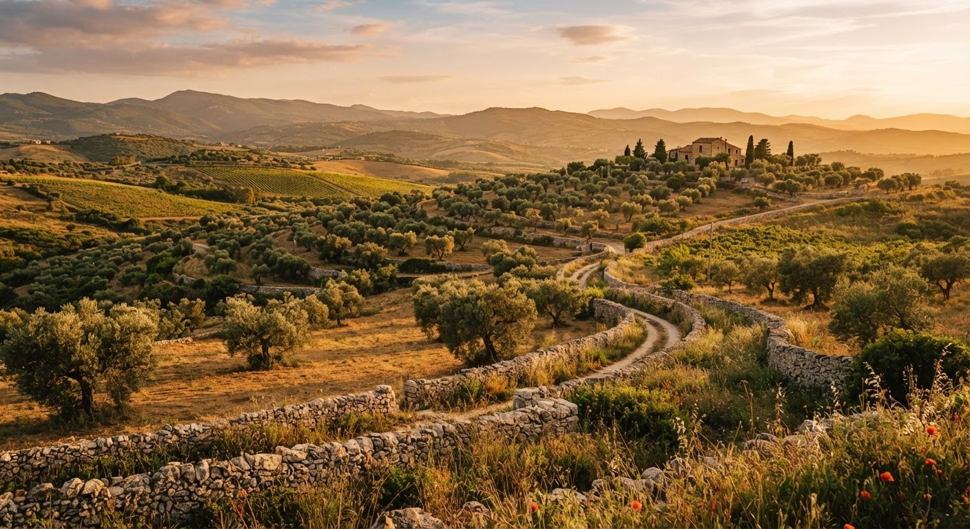 Colline siciliane con uliveti al tramonto