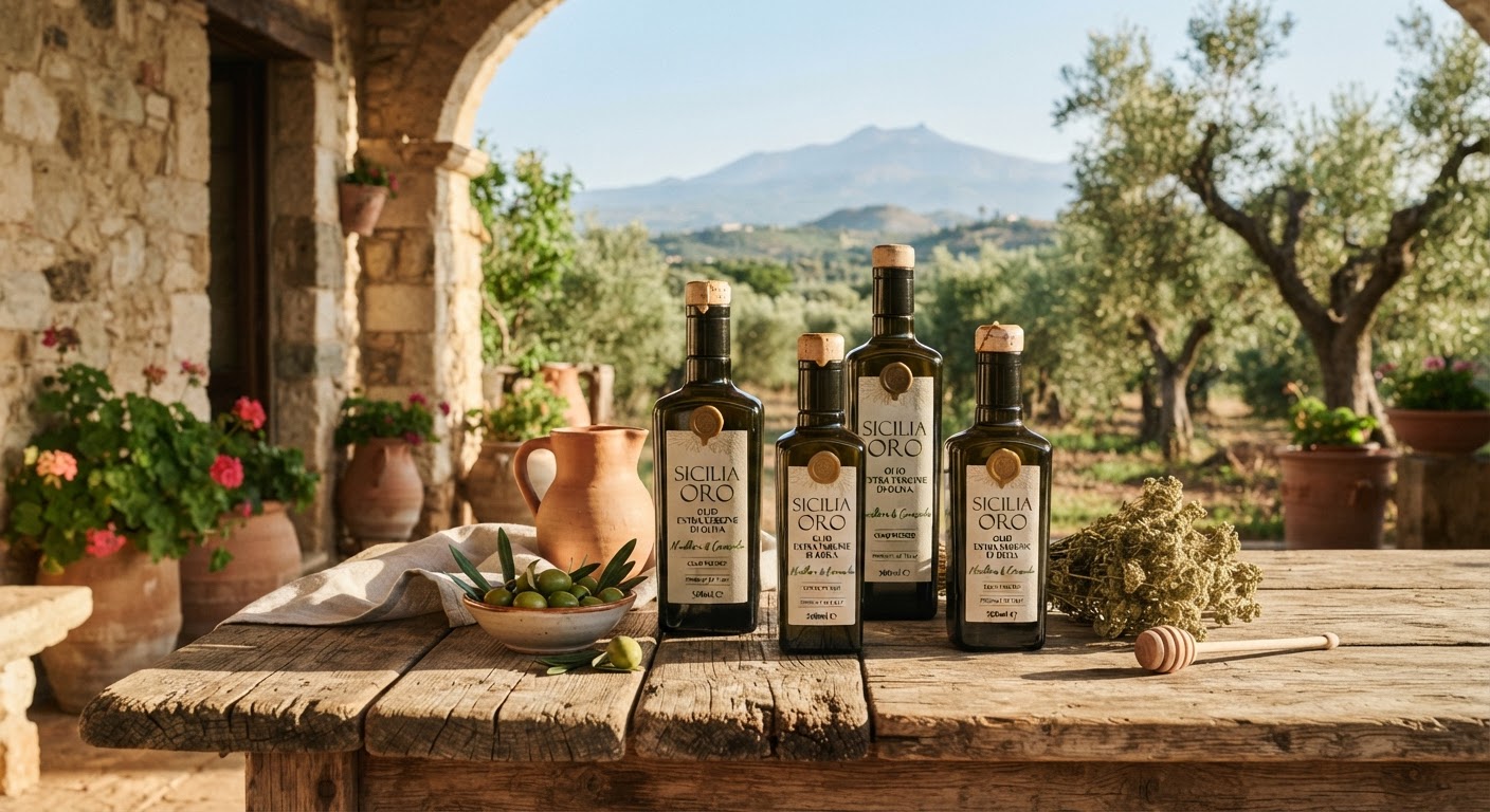 Bottiglie di olio extravergine su tavolo rustico
