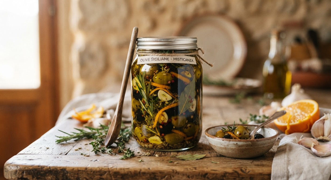 Olive condite con erbe aromatiche e agrumi