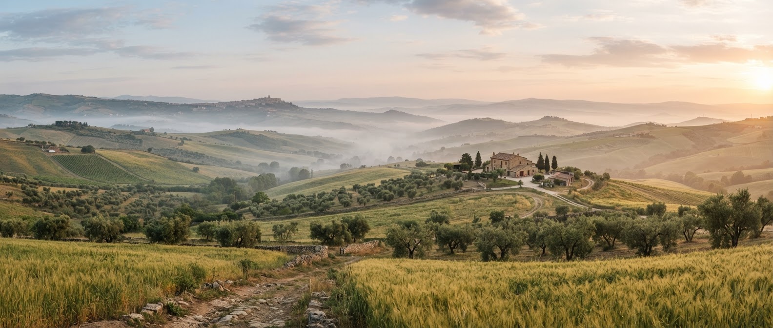 Panorama delle colline siciliane con la masseria