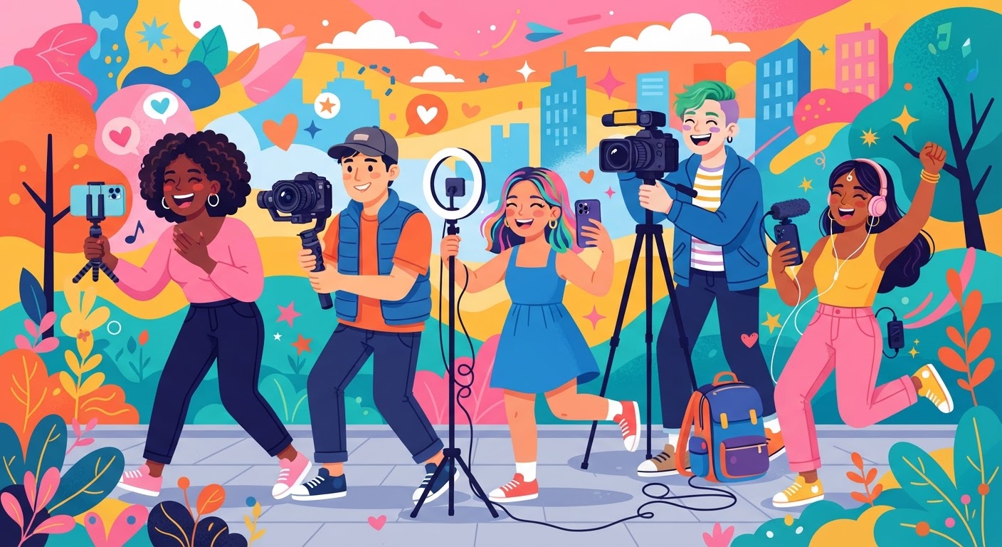 Illustrazione colorata di creator UGC che filmano contenuti con smartphone