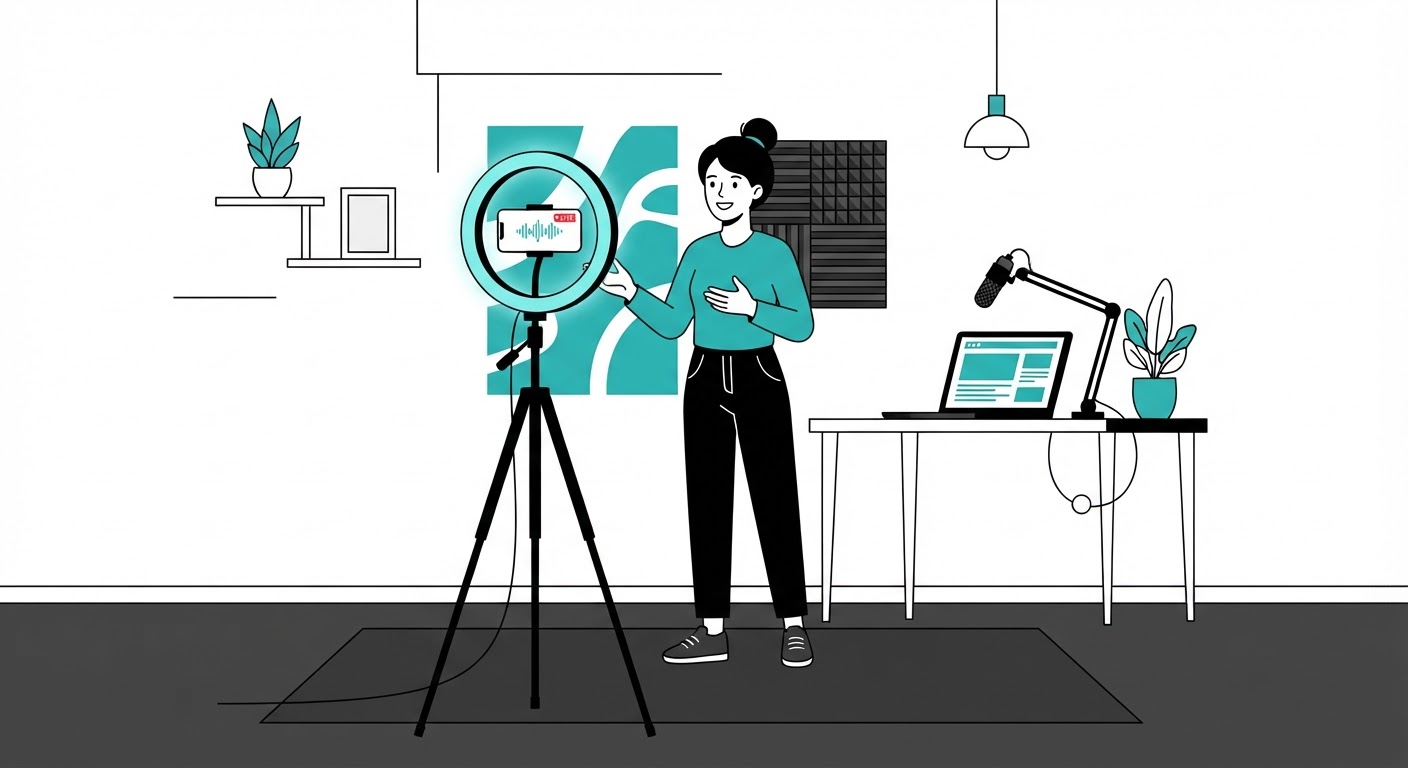 Illustrazione di un creator che registra contenuti con smartphone e ring light