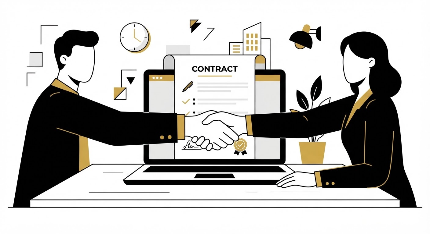 Illustrazione di una stretta di mano tra brand e creator davanti a un laptop